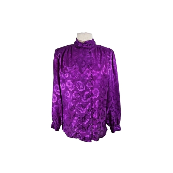 Josephine Woman Vintage Satin Purple Floral Secretary's Blouse - Picture 1 of 7